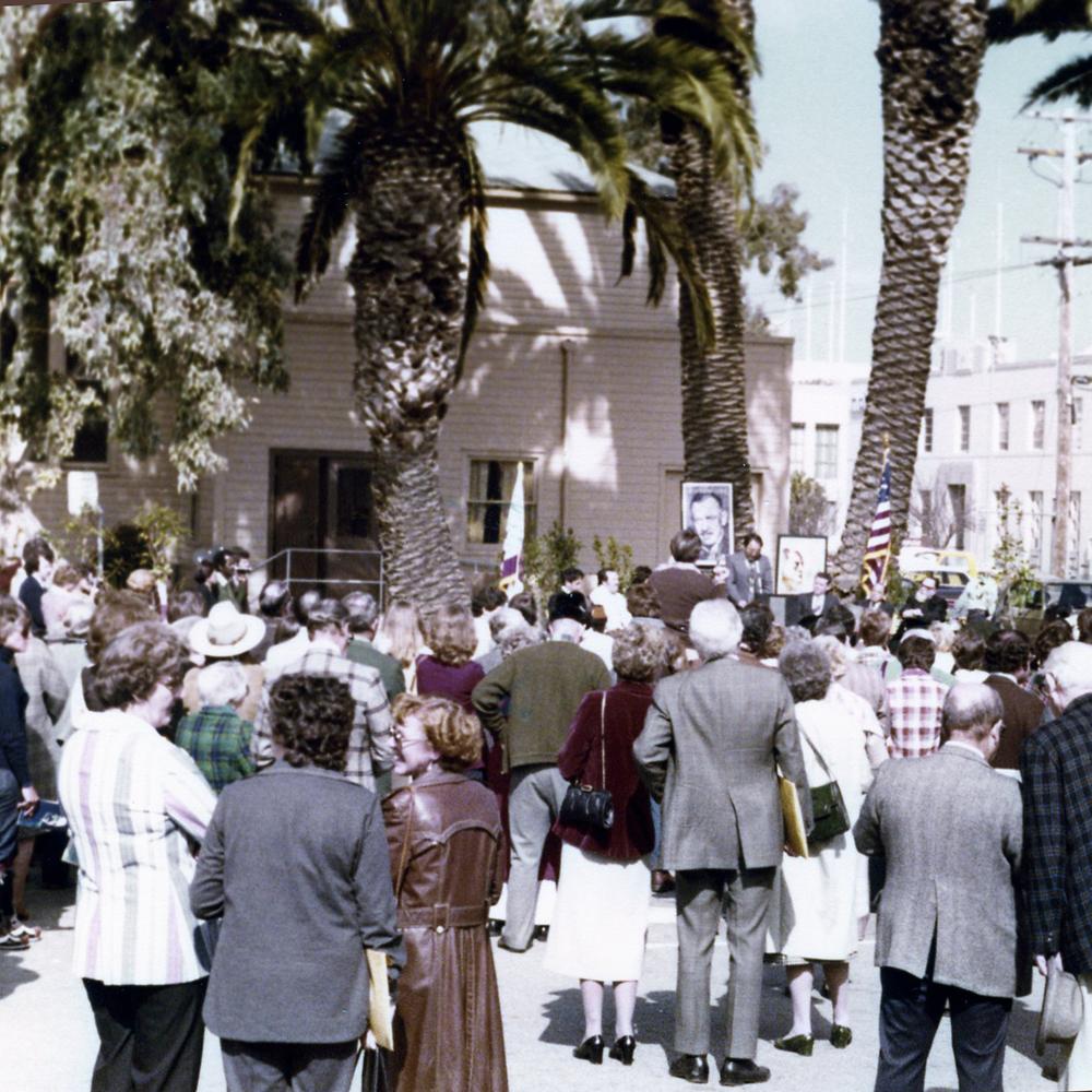 Crowd gathered for celebration of the release of Steinbeck stamp.